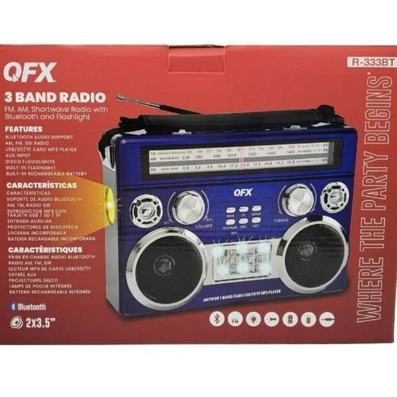 QFX Gray Portable Retro AM/FM/SW 3-Band Radio With Flashlight Bluetooth Boombox - Picture 2 of 3